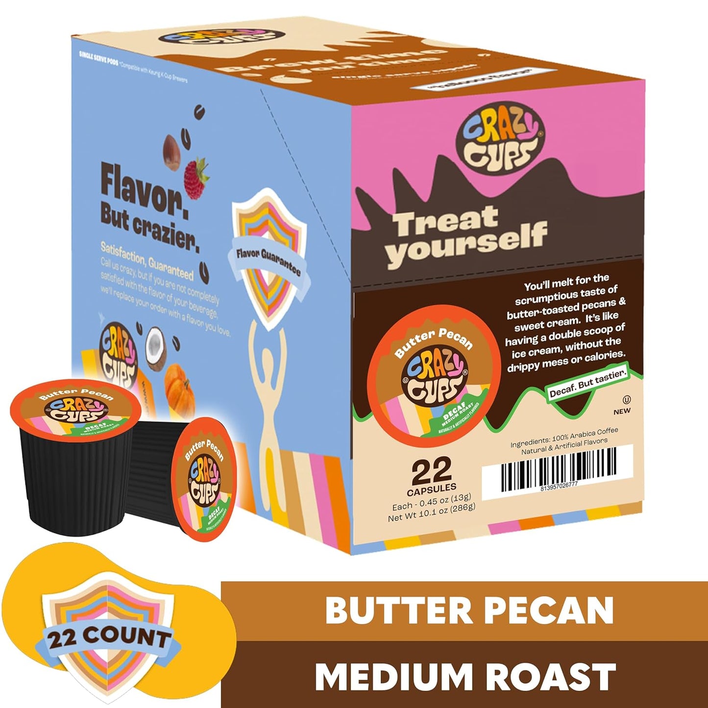 Flavored Decaf Coffee Pods, Decaf Butter Pecan Coffee, Decaf K Cups for Keurig K Cups Machines, Hot or Iced Coffee, Single Serve Decaffeinated Coffee in Recyclable Pods, 22 Count