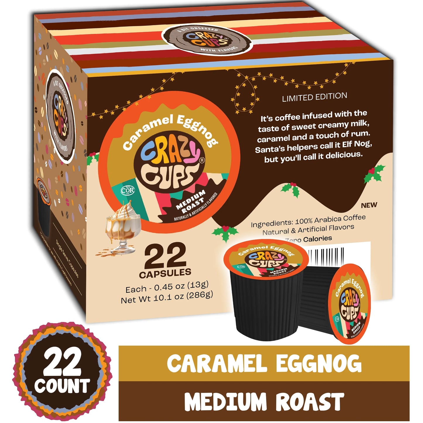 Caramel Eggnog Coffee Pods, Medium Roast, 22 Count for Keurig K-Cup Machines