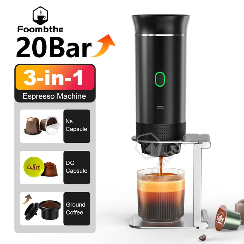 Brew Gourmet Espresso Anywhere: Wireless Portable Coffee Machine for Car & Home - 3-in-1 Travel Maker with 20 Bar Pressure