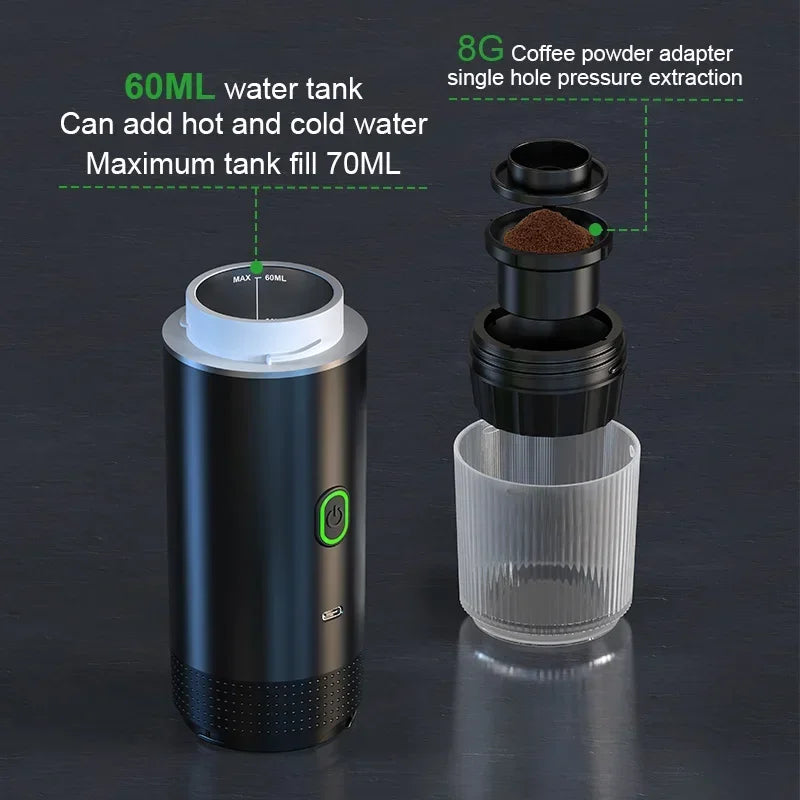 Brew Gourmet Espresso Anywhere: Wireless Portable Coffee Machine for Car & Home - 3-in-1 Travel Maker with 20 Bar Pressure